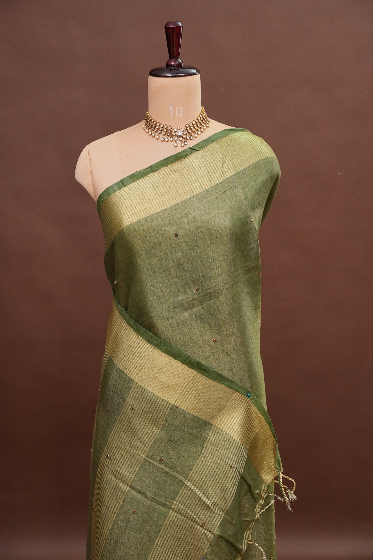 Hand Embroidered Pure Tissue Linen Silk Saree - Muted Olive Green