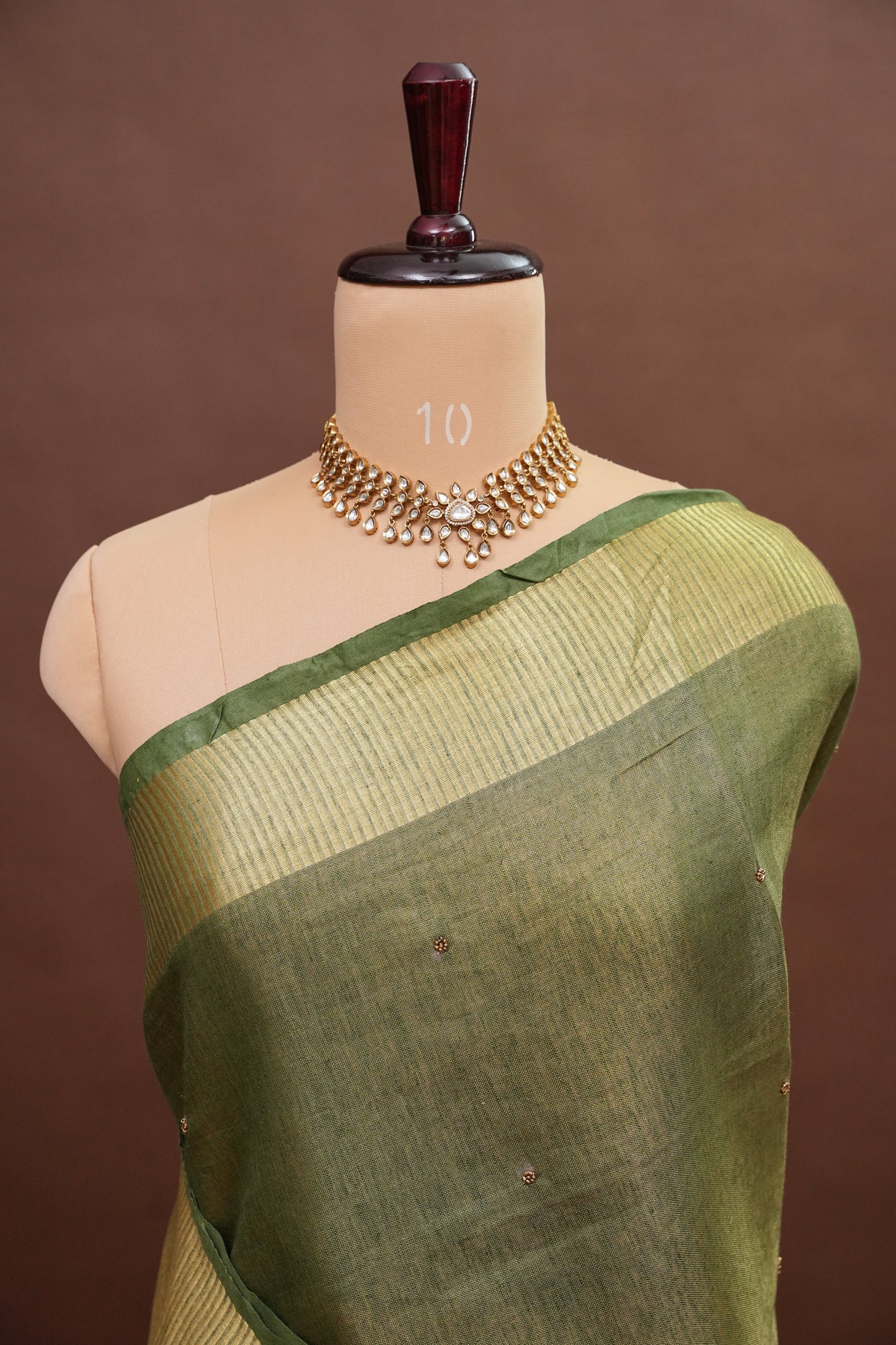 Hand Embroidered Pure Tissue Linen Silk Saree - Muted Olive Green