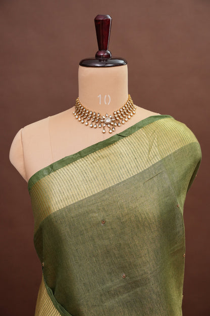 Hand Embroidered Pure Tissue Linen Silk Saree - Muted Olive Green