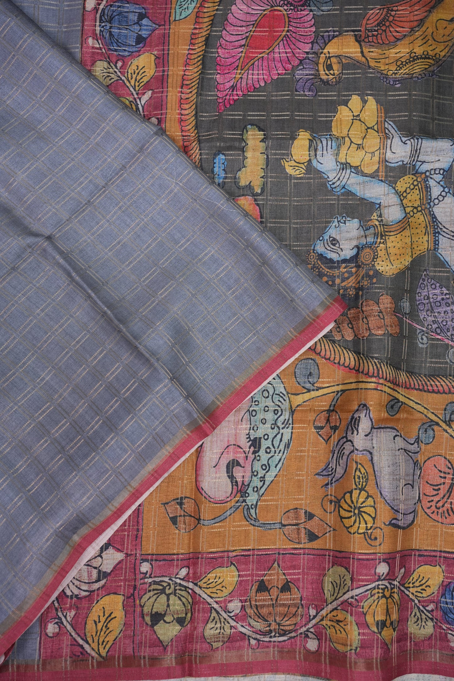 Semi Tussar Raw Silk Saree with Checkered Body & Kalamkari Pallu and Blouse – Dusty Pink