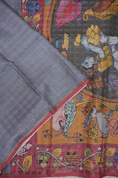 Semi Tussar Raw Silk Saree with Checkered Body & Kalamkari Pallu and Blouse – Dusty Pink