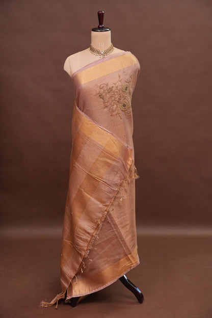 Hand Embroidered Pure Tissue Linen Silk Saree - Pinkish Peach