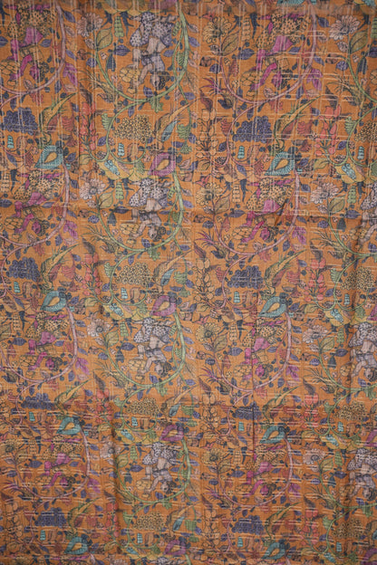 Semi Tussar Raw Silk Saree with Checkered Body & Kalamkari Pallu and Blouse – Dusty Pink