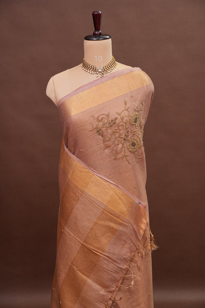 Hand Embroidered Pure Tissue Linen Silk Saree - Pinkish Peach