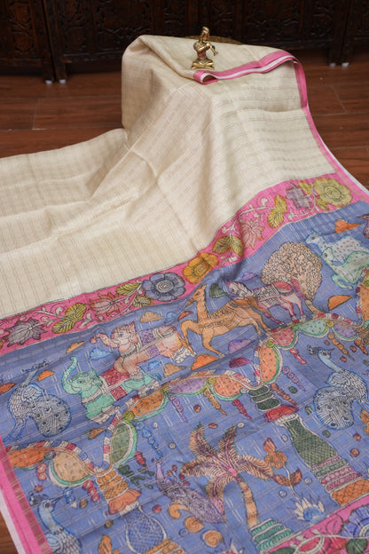 Semi Tussar Raw Silk Saree with Checkered Body & Kalamkari Pallu and Blouse – Dusty Pink