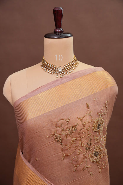 Hand Embroidered Pure Tissue Linen Silk Saree - Pinkish Peach