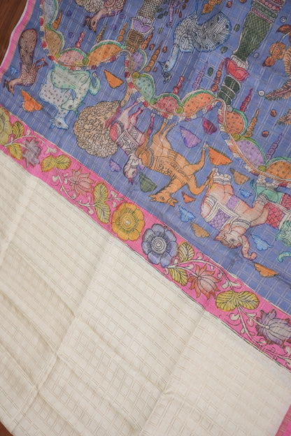 Semi Tussar Raw Silk Saree with Checkered Body & Kalamkari Pallu and Blouse – Dusty Pink