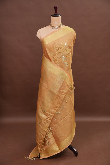Hand Embroidered Pure Tissue Linen Silk Saree - Gold