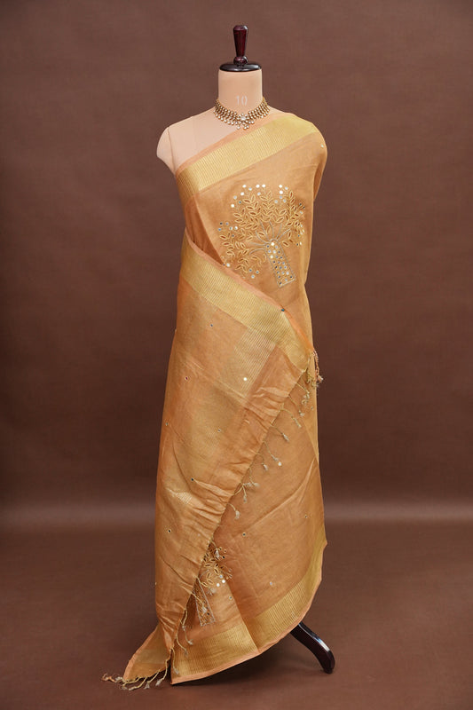 Hand Embroidered Pure Tissue Linen Silk Saree - Gold