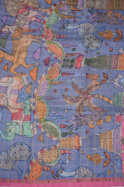 Semi Tussar Raw Silk Saree with Checkered Body & Kalamkari Pallu and Blouse – Dusty Pink