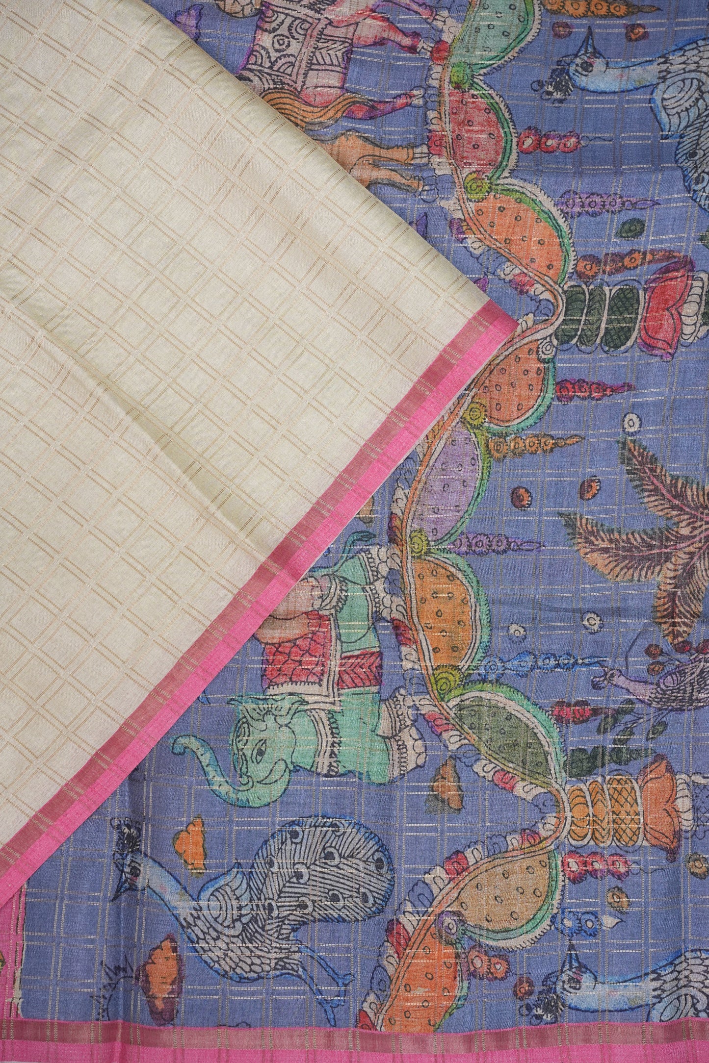 Semi Tussar Raw Silk Saree with Checkered Body & Kalamkari Pallu and Blouse – Dusty Pink