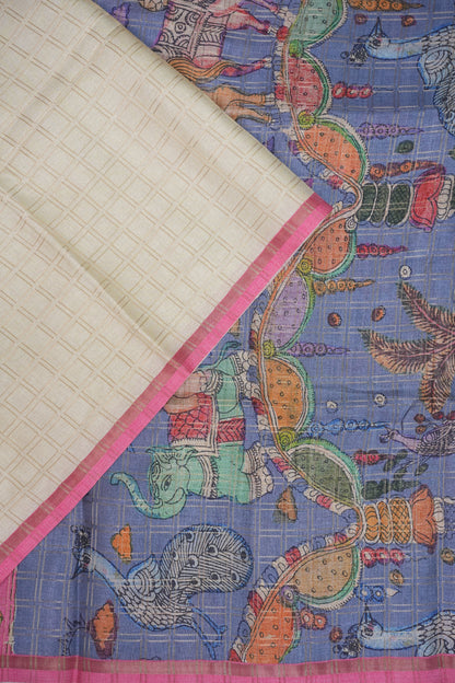 Semi Tussar Raw Silk Saree with Checkered Body & Kalamkari Pallu and Blouse – Dusty Pink