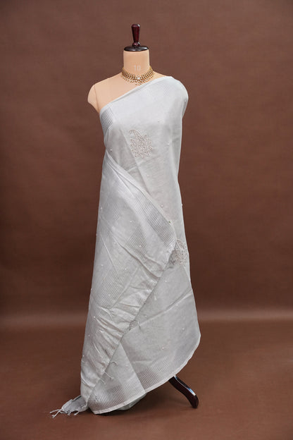 Hand Embroidered Pure Tissue Linen Silk Saree - Silver