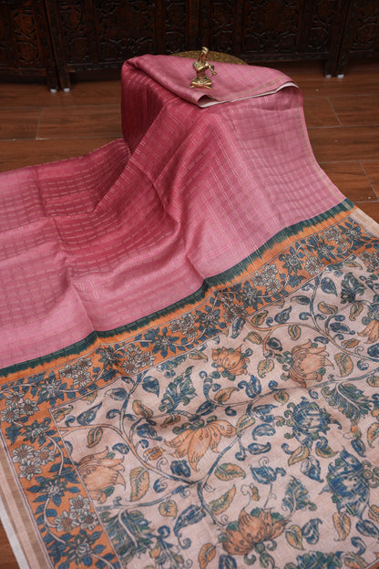 Semi Tussar Raw Silk Saree with Checkered Body & Kalamkari Pallu and Blouse – Dusty Pink
