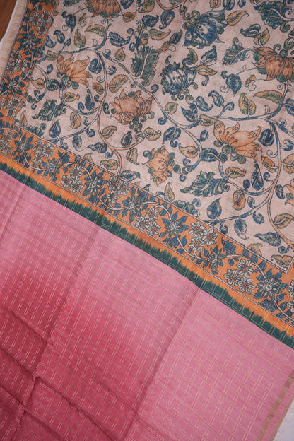 Semi Tussar Raw Silk Saree with Checkered Body & Kalamkari Pallu and Blouse – Dusty Pink
