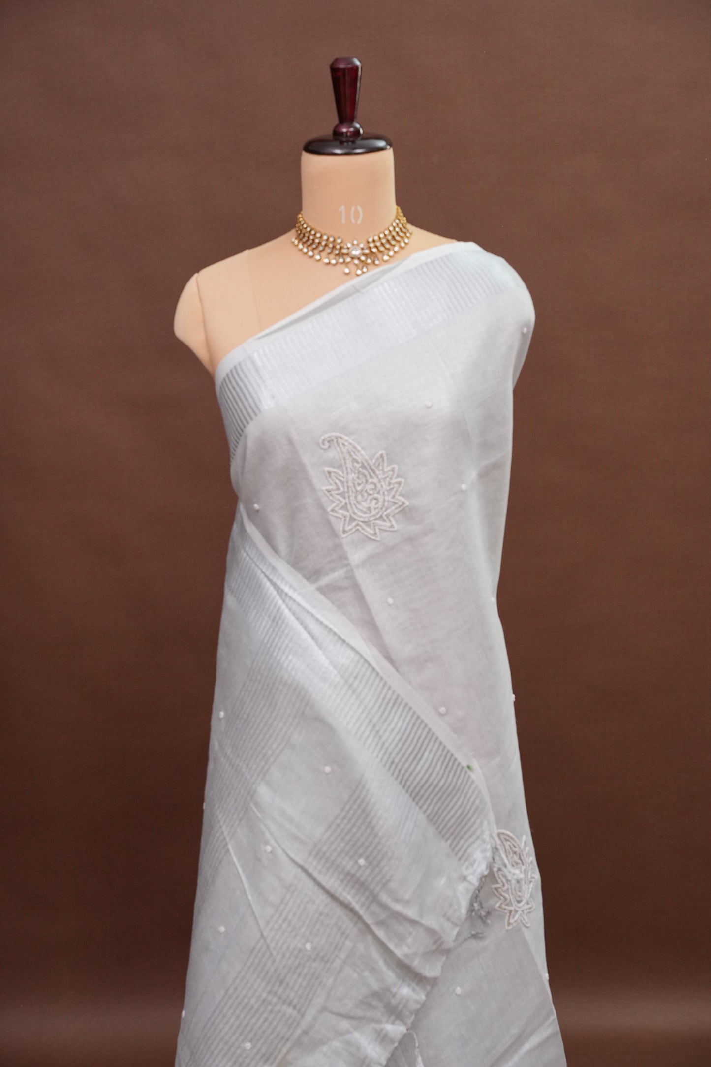 Hand Embroidered Pure Tissue Linen Silk Saree - Silver