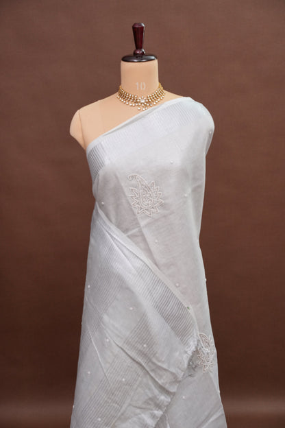 Hand Embroidered Pure Tissue Linen Silk Saree - Silver