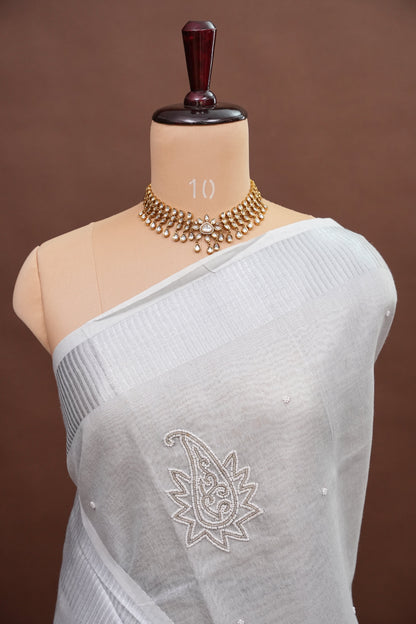 Hand Embroidered Pure Tissue Linen Silk Saree - Silver