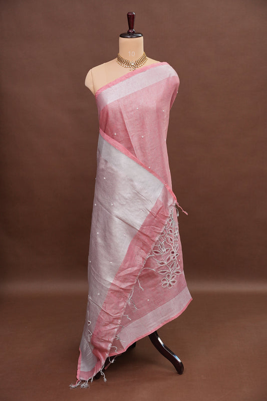 Hand Embroidered Pure Tissue Linen Silk Saree - Blush Pink