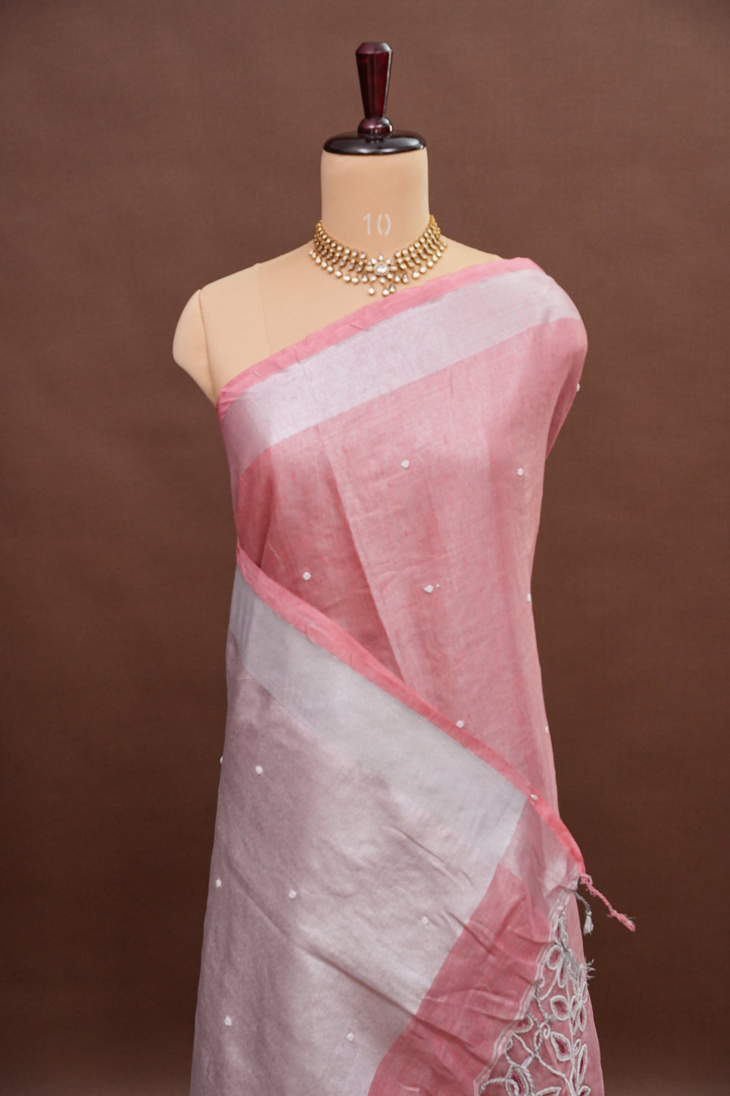 Hand Embroidered Pure Tissue Linen Silk Saree - Blush Pink