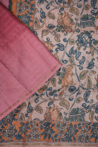 Semi Tussar Raw Silk Saree with Checkered Body & Kalamkari Pallu and Blouse – Dusty Pink