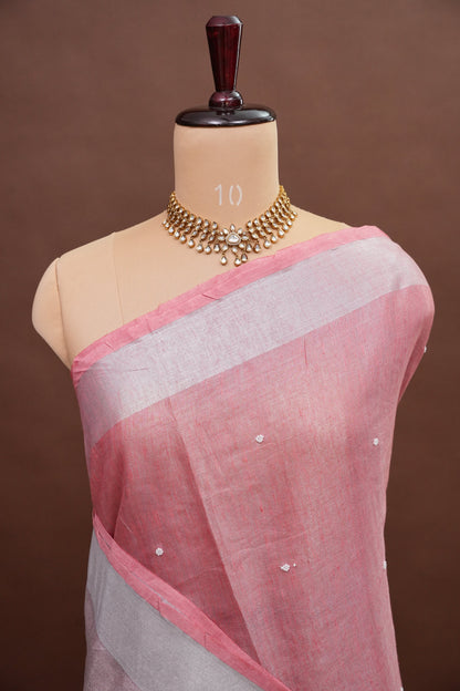 Hand Embroidered Pure Tissue Linen Silk Saree - Blush Pink