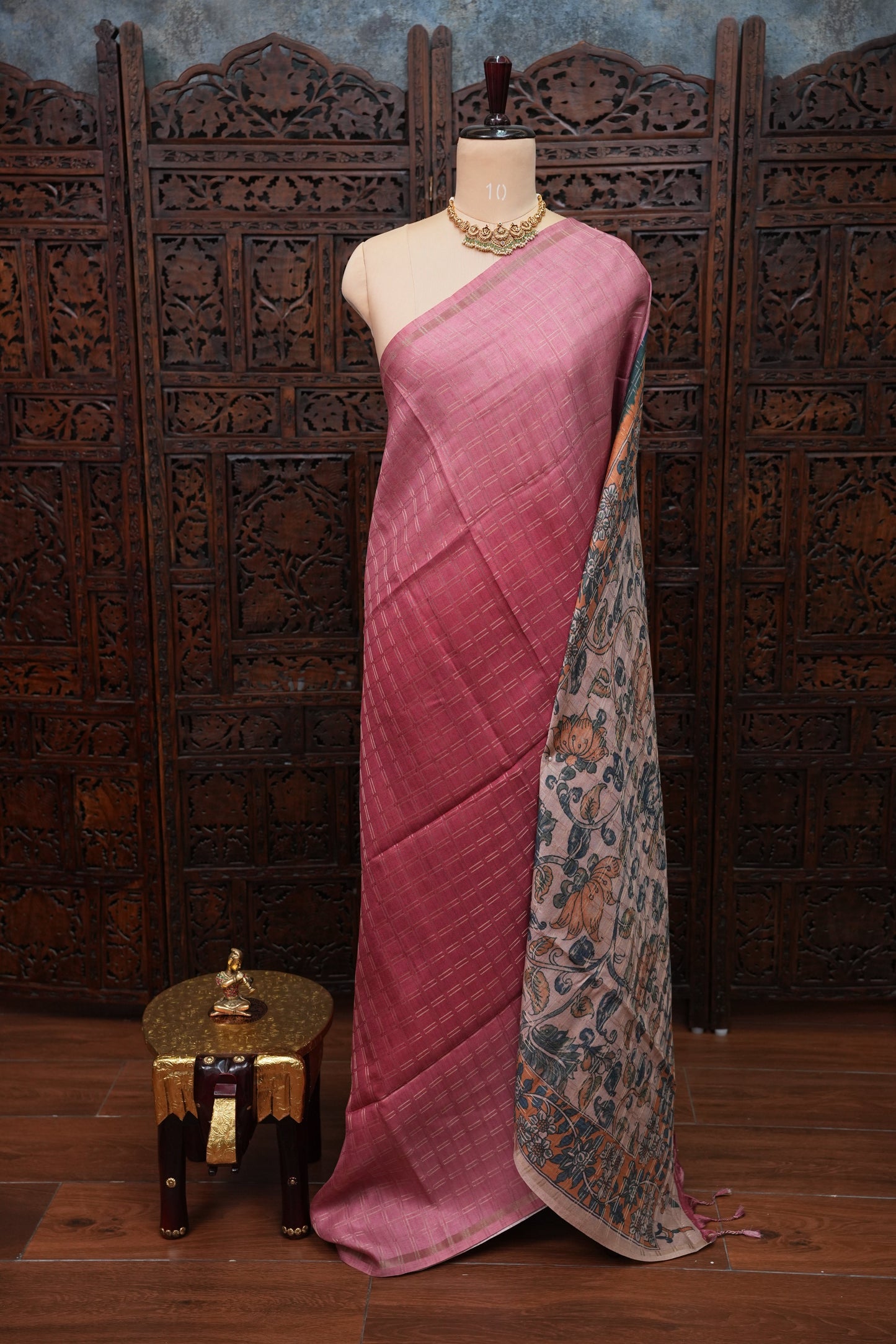 Semi Tussar Raw Silk Saree with Checkered Body & Kalamkari Pallu and Blouse – Dusty Pink