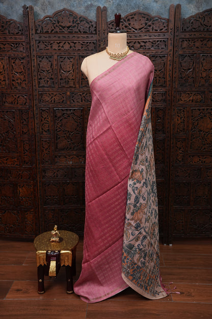 Semi Tussar Raw Silk Saree with Checkered Body & Kalamkari Pallu and Blouse – Dusty Pink