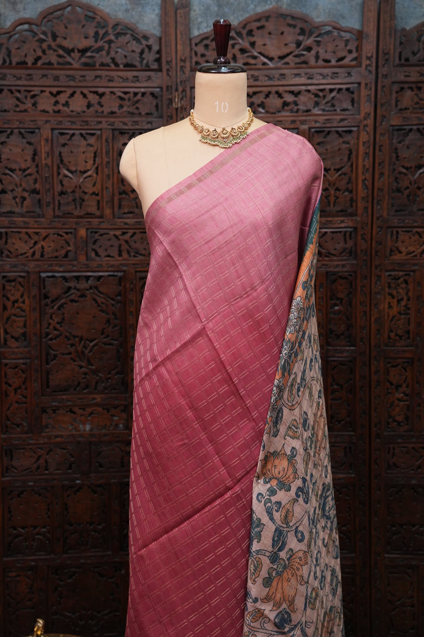 Semi Tussar Raw Silk Saree with Checkered Body & Kalamkari Pallu and Blouse – Dusty Pink