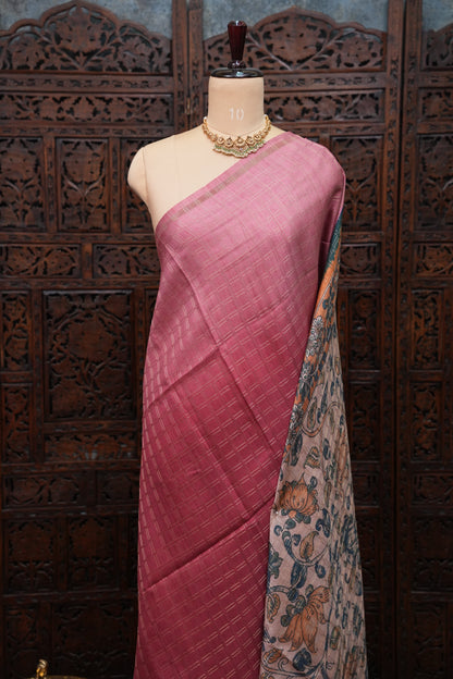 Semi Tussar Raw Silk Saree with Checkered Body & Kalamkari Pallu and Blouse – Dusty Pink