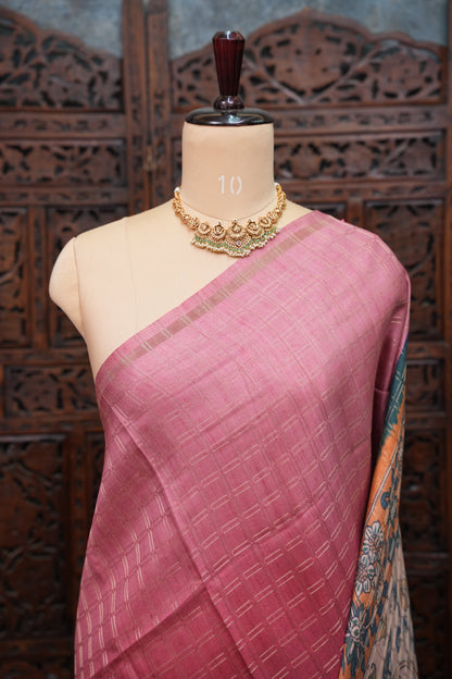 Semi Tussar Raw Silk Saree with Checkered Body & Kalamkari Pallu and Blouse – Dusty Pink