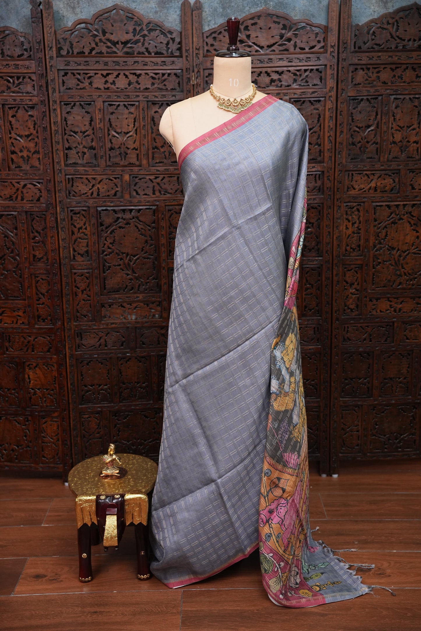 Semi Tussar Raw Silk Saree with Checkered Body & Kalamkari Pallu and Blouse – Dusty Pink