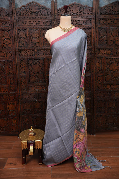 Semi Tussar Raw Silk Saree with Checkered Body & Kalamkari Pallu and Blouse – Dusty Pink
