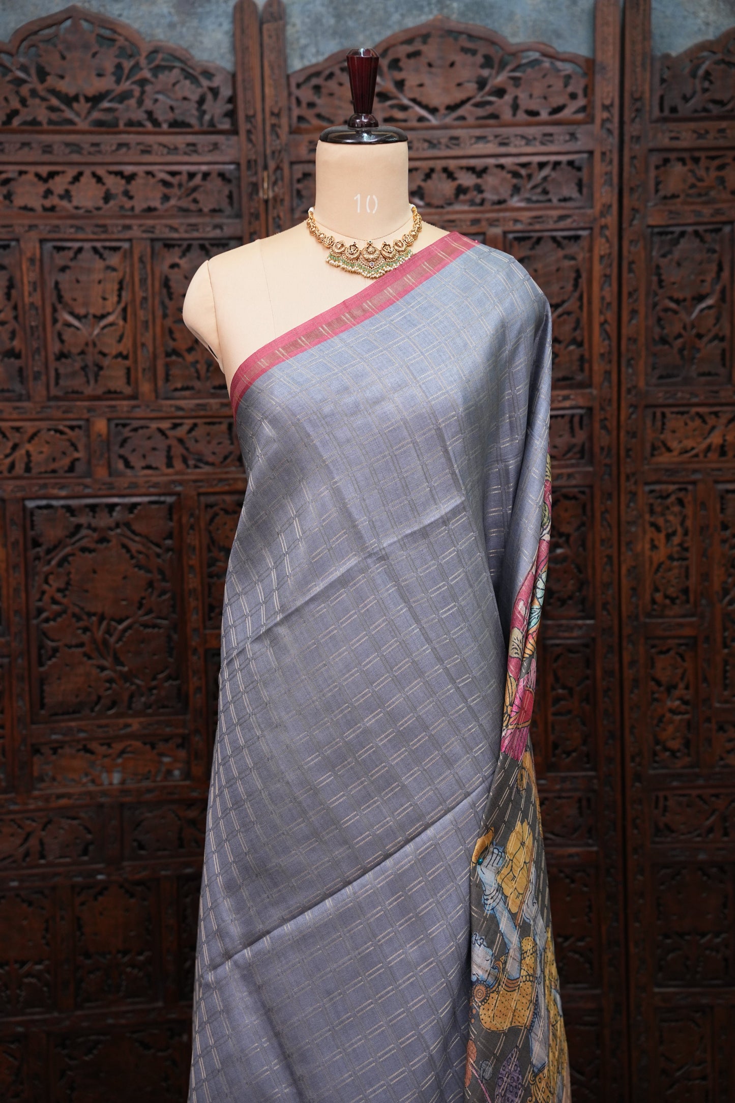 Semi Tussar Raw Silk Saree with Checkered Body & Kalamkari Pallu and Blouse – Dusty Pink