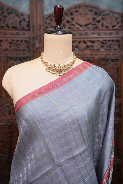 Semi Tussar Raw Silk Saree with Checkered Body & Kalamkari Pallu and Blouse – Dusty Pink