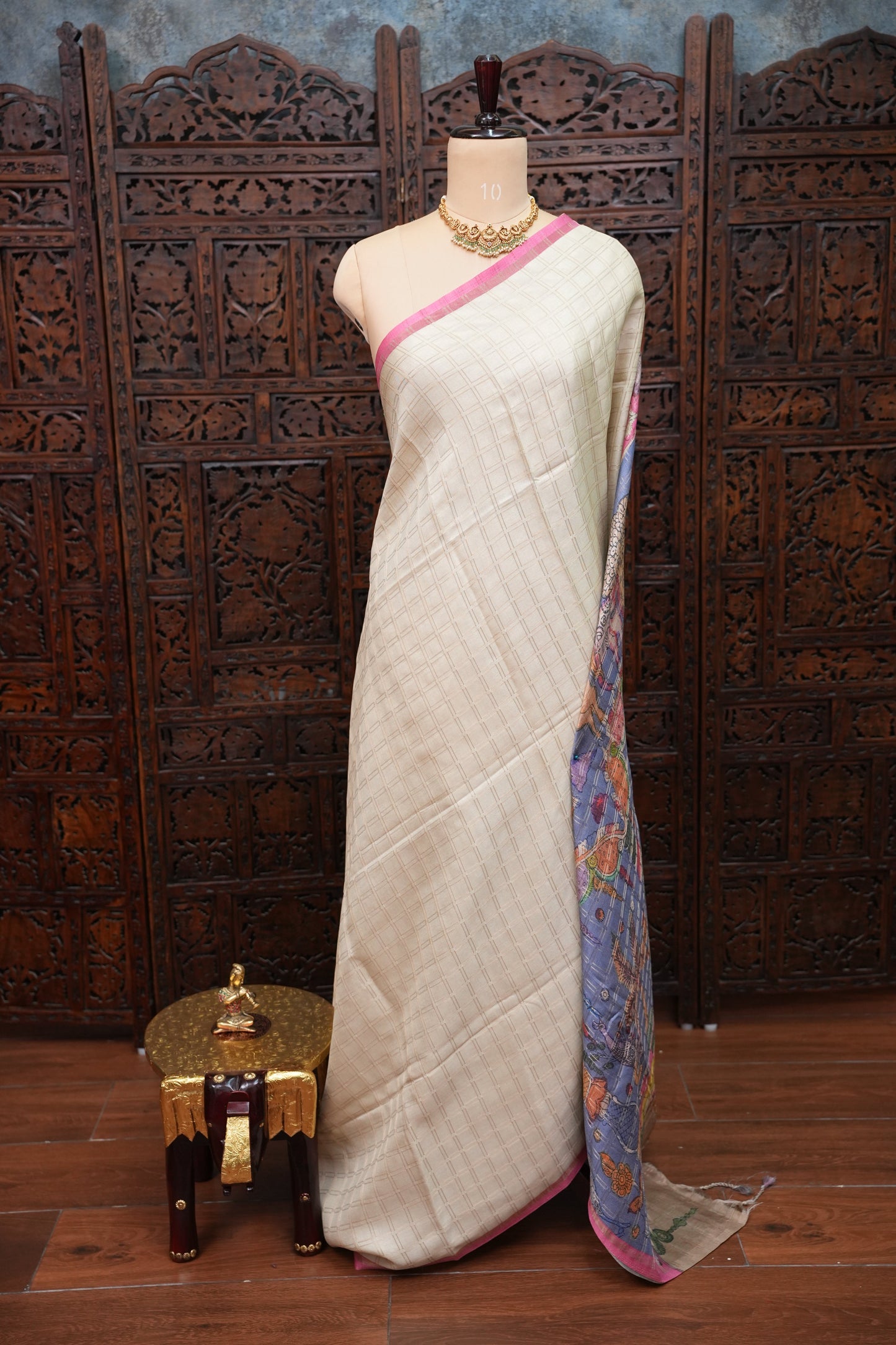Semi Tussar Raw Silk Saree with Checkered Body & Kalamkari Pallu and Blouse – Dusty Pink
