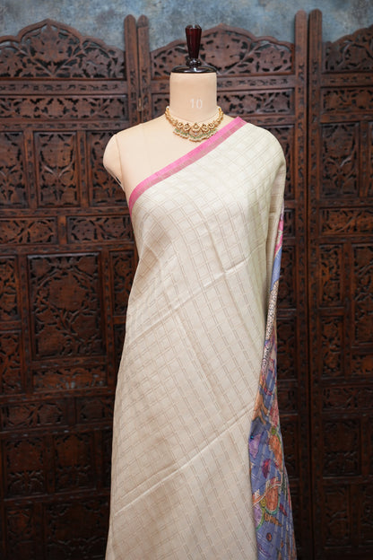 Semi Tussar Raw Silk Saree with Checkered Body & Kalamkari Pallu and Blouse – Dusty Pink