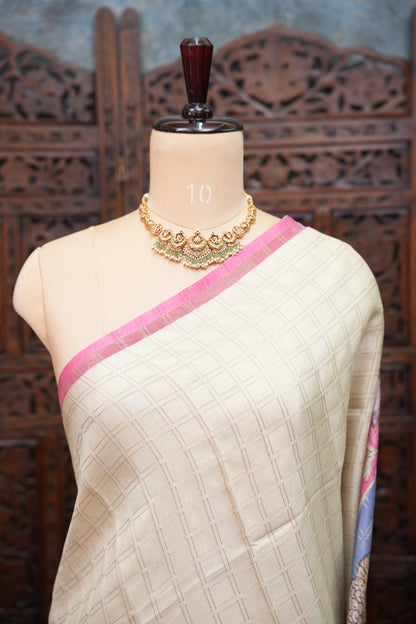 Semi Tussar Raw Silk Saree with Checkered Body & Kalamkari Pallu and Blouse – Dusty Pink