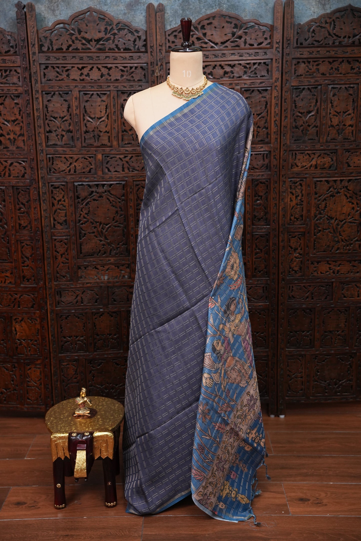 Semi Tussar Raw Silk Saree with Checkered Body & Kalamkari Pallu and Blouse – Dusty Pink
