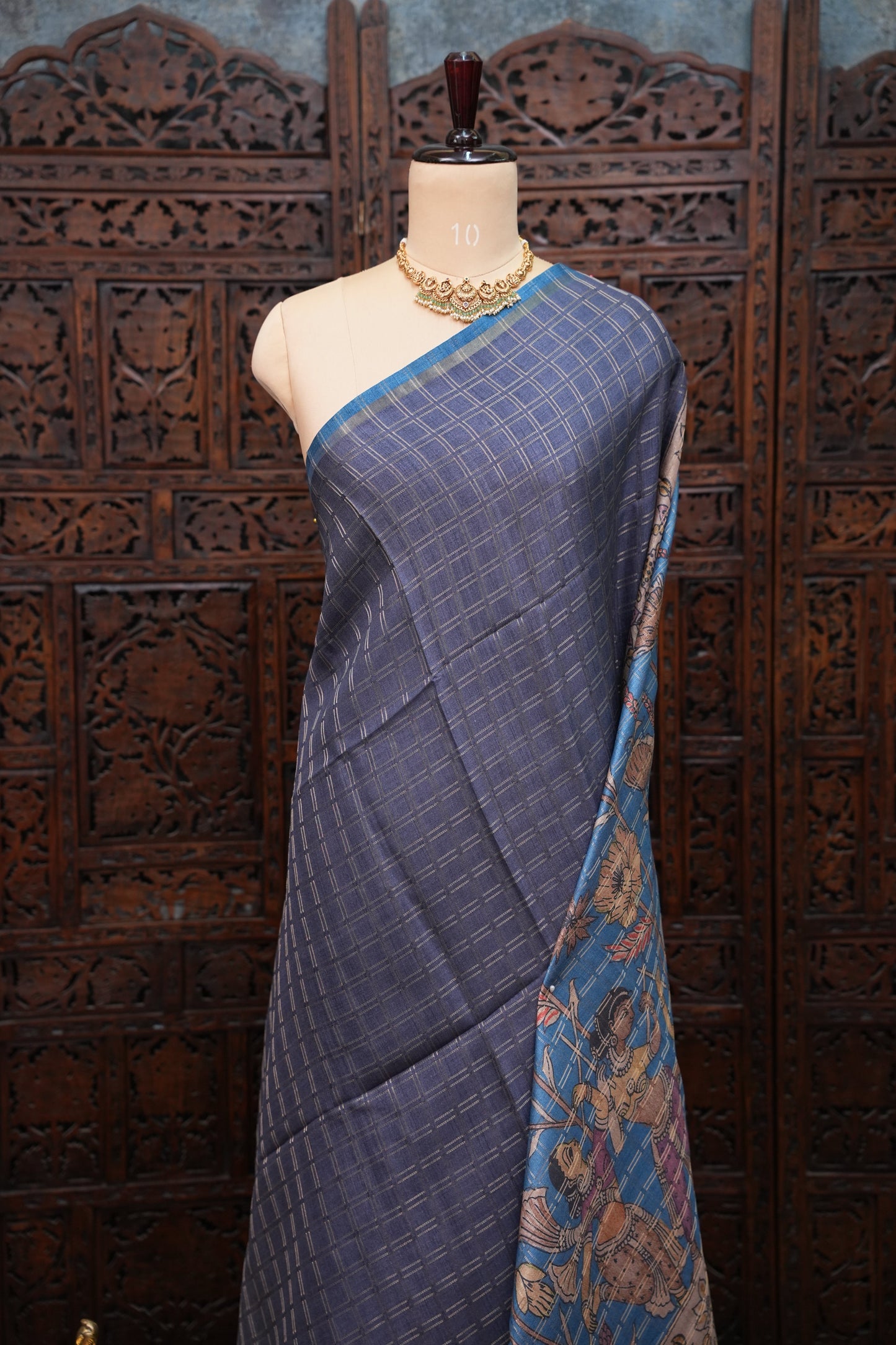 Semi Tussar Raw Silk Saree with Checkered Body & Kalamkari Pallu and Blouse – Dusty Pink