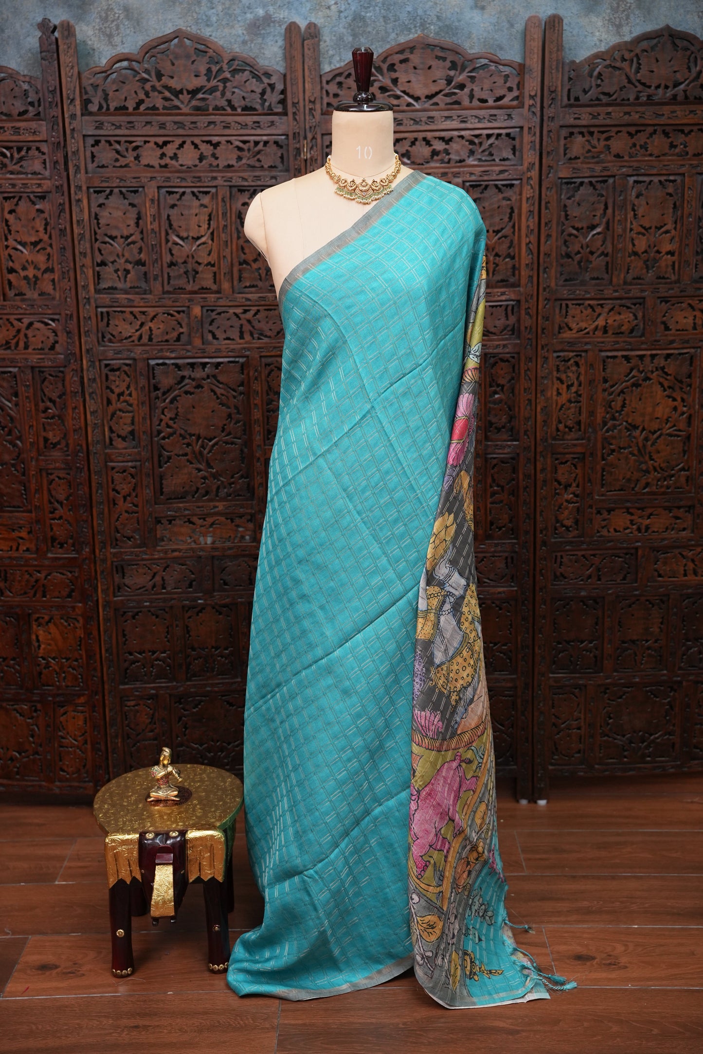 Semi Tussar Raw Silk Saree with Checkered Body & Kalamkari Pallu and Blouse – Dusty Pink