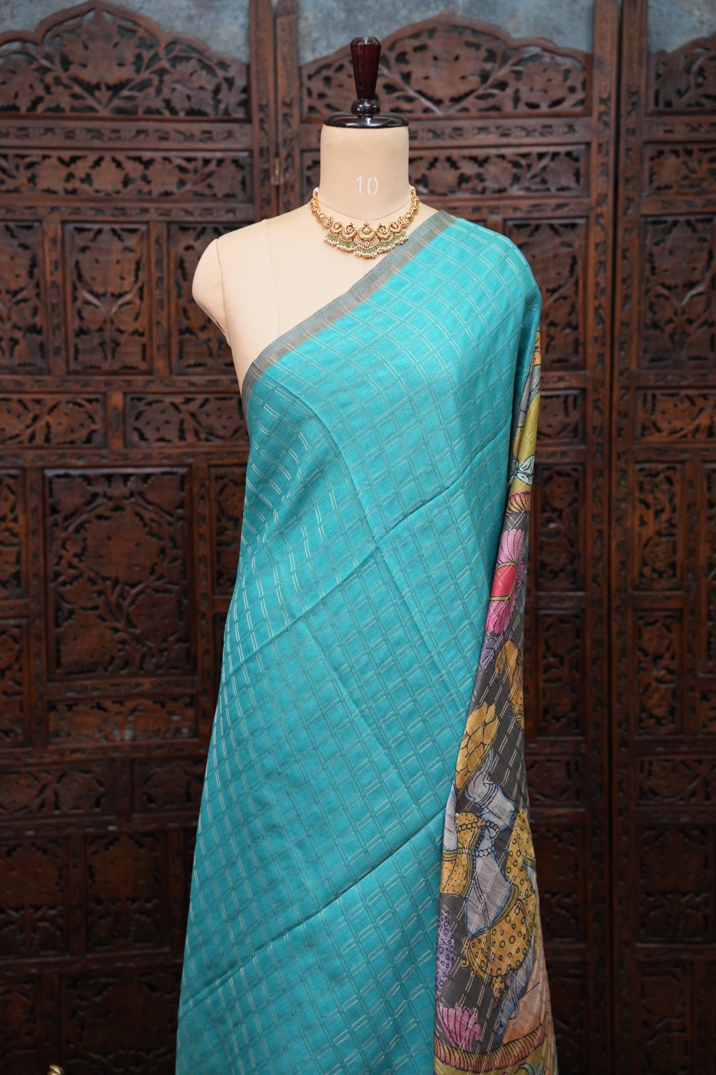 Semi Tussar Raw Silk Saree with Checkered Body & Kalamkari Pallu and Blouse – Dusty Pink