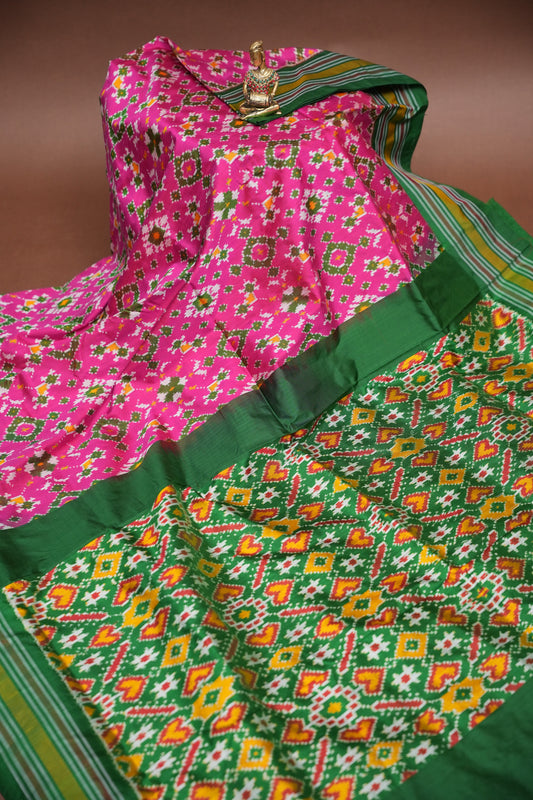 Pure Ikkat Soft Silk Saree - Pink & Emerald Green