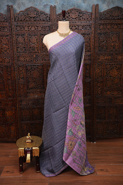 Semi Tussar Raw Silk Saree with Checkered Body & Kalamkari Pallu and Blouse – Lavender Purple