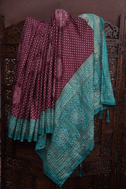 Bandhini Digital Print Semi Silk Saree-Wine and Turquoise Blue