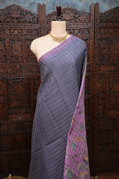 Semi Tussar Raw Silk Saree with Checkered Body & Kalamkari Pallu and Blouse – Lavender Purple