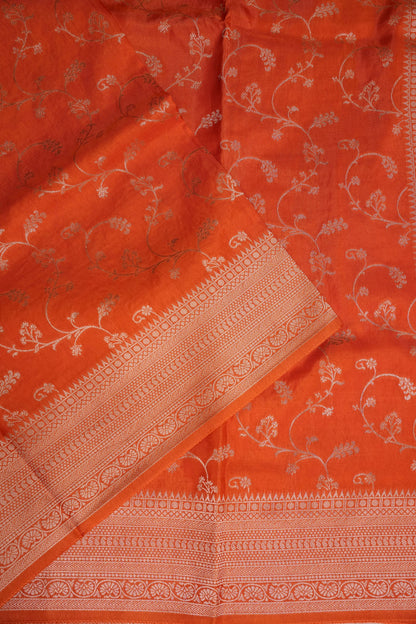 Banarasi Silk Saree – Vibrant Coral Orange with Antique Gold Zari Floral Weave