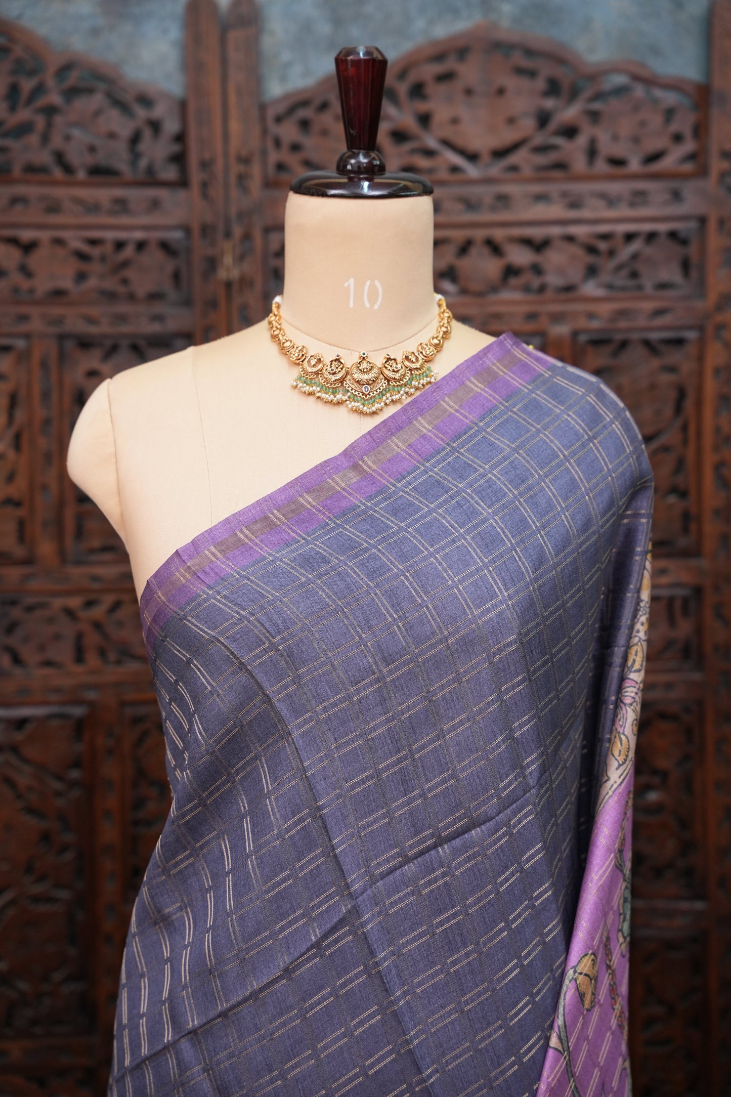 Semi Tussar Raw Silk Saree with Checkered Body & Kalamkari Pallu and Blouse – Lavender Purple