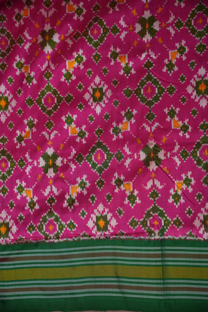 Pure Ikkat Soft Silk Saree - Pink & Emerald Green