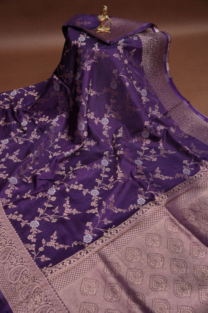 Banarasi Silk Saree – Royal Purple with Intricate Gold Zari Floral Weave
